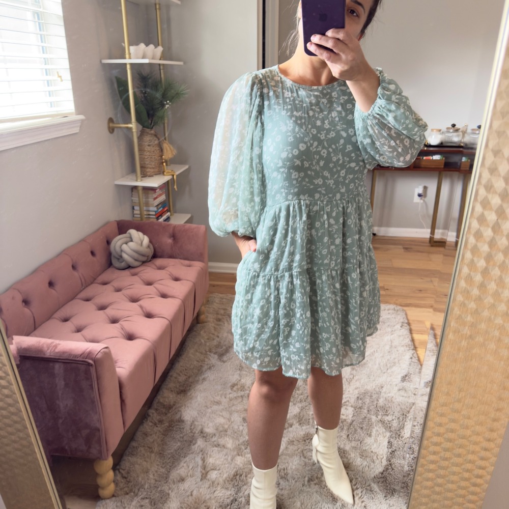 Abercrombie & Fitch XS Green Floral Print Tiered Long Sleeve Mini Dress